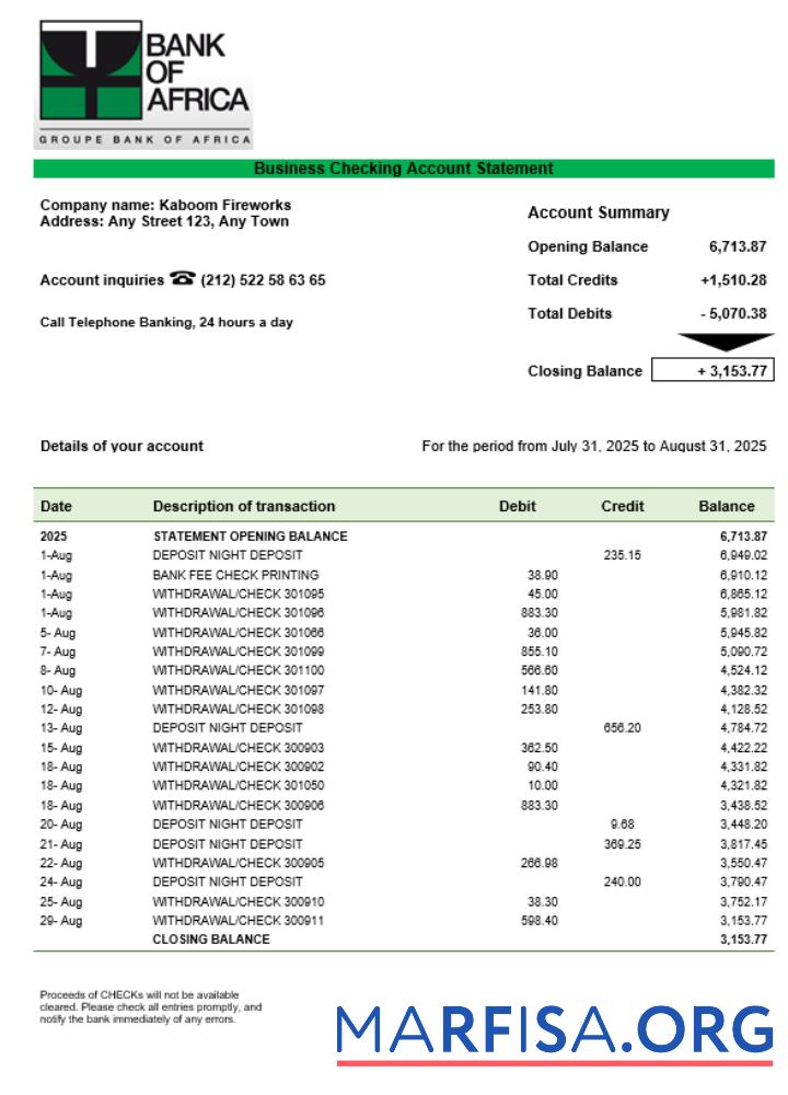 Blank Burundi Bank of Africa bank organization checking account statement Word and PDF format sample